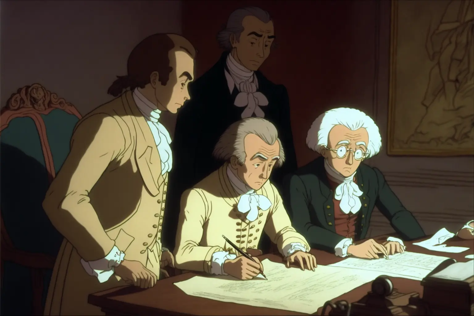 DVD screengrab from studio ghibli movie, the founding fathers signing the declaration of independence, directed by Hayao Miyazaki, retro anime
